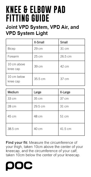 POC Joint VPD Air Elbow 25 POC Knee and Elbow VPD size chart